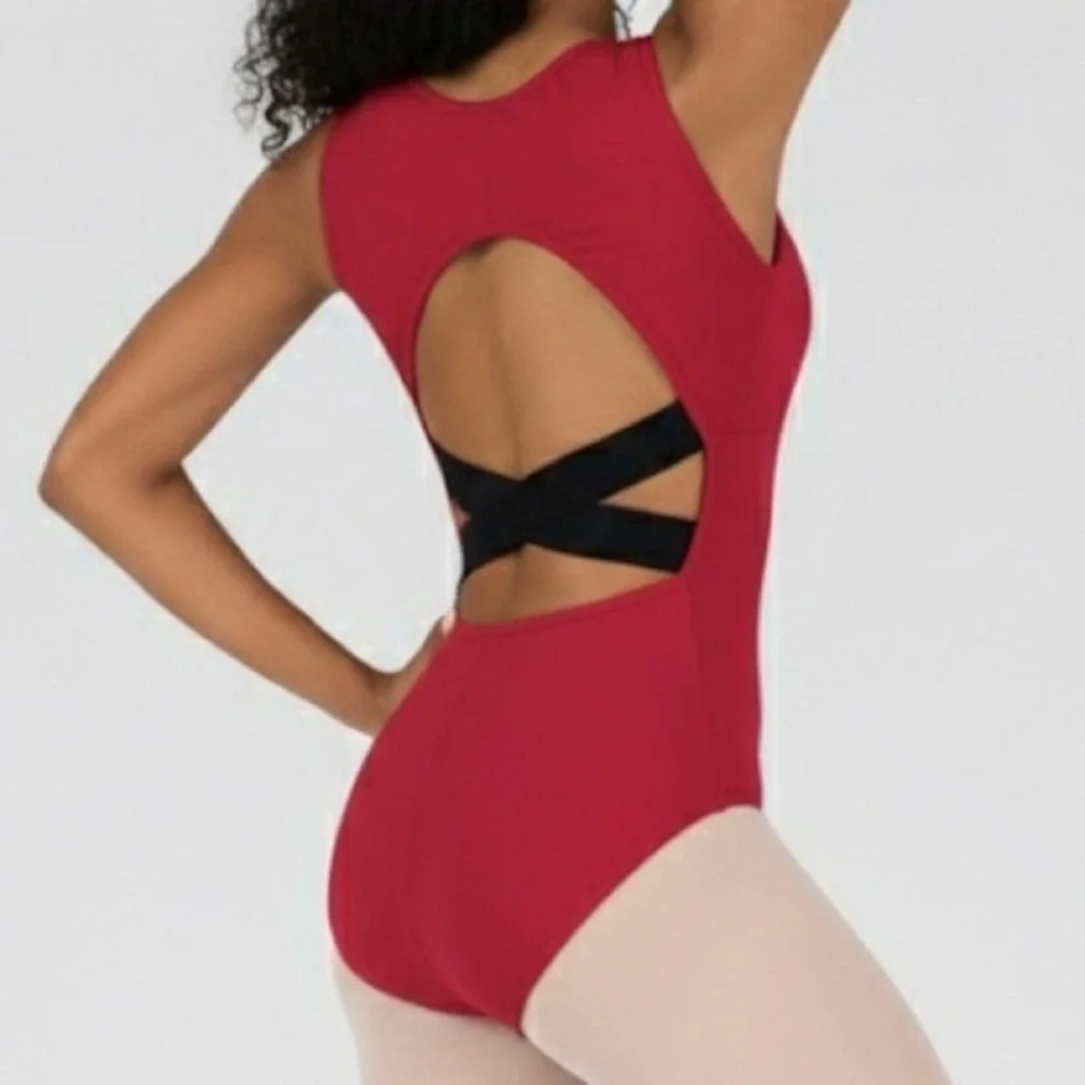 CM Theatricals Classwear Red Black Keyhole Dance Leotard Sleeveless Open X Back